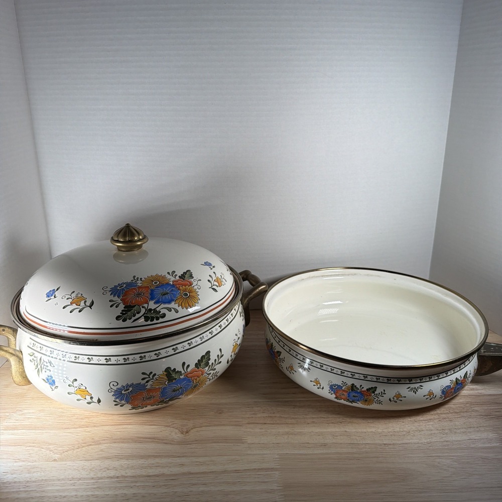 Vintage ASTA Enamelware Cookware 3 pc Set Floral Old Amsterdam